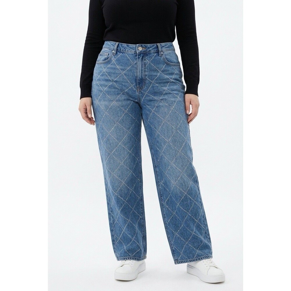Good American Good Ease Relaxed Wide Leg Rhinestone Jeans NWT Size 18 Indigo